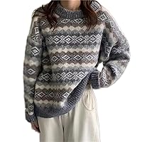 Women's Argyle Print Pullover Aztec Western Sweater Crewneck Grandpa Sweaters Vintage Aesthetic Fairy Grunge Clothes