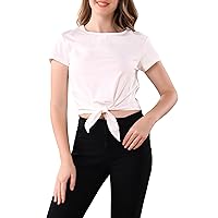 Aphratti Women's Short Sleeve Cute Summer Tie Knot Front Crop Tops Crew Neck Basic Tees T Shirts