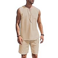 COOFANDY Mens Linen Sets Outfits 2 Piece Beach Drawstring Tank Tops Sleeveless Shirt Matching Shorts Set Hippie Wedding