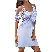 Women Ethnic Ruched Short Sleeve T-Shirt Dress Summer Cold Shoulder Spaghetti Strap Crewneck Casual Tunic Mini Dress