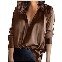 Satin Blouses for Women 2024 Button Down Silky Shirts V Neck Long Sleeve T Shirt Casual Loose Office Work Tops