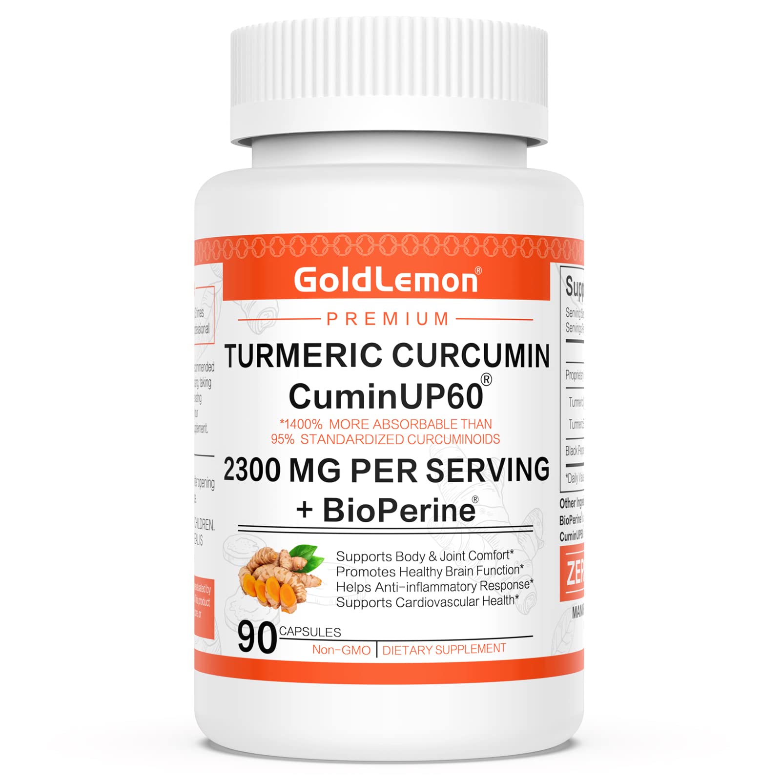 Turmeric Curcumin with Black Pepper & Ginger 2300 MG, GOLDLEMON Anti Inflammatory Supplement with BioPerine & CuminUP60-Curcuma Longa Extract-Gluten Free, Non GMO, No Side Effects-90 Capsules
