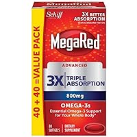 MegaRed Omega 3 Fish Oil Supplement 800mg (per Serving), Advanced 6X Absorption EPA & DHA Omega 3 Fatty Acid Softgels (80cnt Box), Phopholipids, Supports Brain Eye Joint & Heart Health