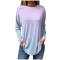 Long Sleeve Tunic Tops for Women Fashion Gradient Holiday Shirts Casual Crew Neck Oversized Graphic Tees