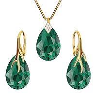 Gold Plated Sterling Silver 925 Jewellery Set for Women Earrings Dangling Necklace with Crystals Pear Chain with a Pendant for Her Drop for a Girl Gift in Box