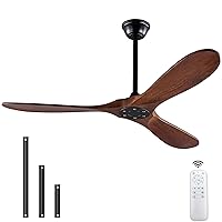 52 Inch Ceiling Fans NO Light, Solid Wood Ceiling Fan without Light with 3 Bladesand, Remote Control, DC Motor, Indoor Outdoor Ceiling Fans for Patio, Garage, Living Room, Bedroom, Office