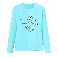 Valentines Day Tshirt for Women Funny Couple Handshake Graphic Tees Tops Casual Long Sleeve Crewneck Fashion Bloues