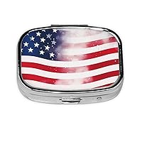 American Flag and Stars Print Pill Box 2 Compartment Small Pill Case with Mirror Pill Organizer Portable Medicine Pillbox for Travel Pocket Purse