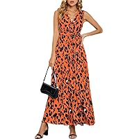 Womens Sexy Sleeveless Deep V Neck Self Tie Waist Leopard Maxi Sun Dress Animal Print Long Flowy Summer Dress