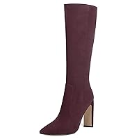 Womens Suede Pointed Toe Solid Dress Zip Evening Block High Heel Mid Calf Boots 4 Inch
