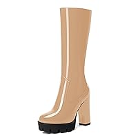 Womens Round Toe Zipper Platform Fashion Patent Lug Sole Knee High Block High Heel Mid Calf Boots 4.7 Inch