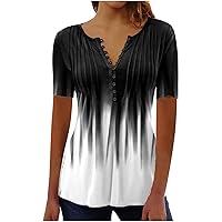 Ladies Casual Shirts V Neck Button Blouses Fashion Printing Short Sleeve Shirts for Women Pleated Tunic Tee Top