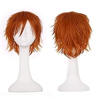 Short Fluffy Anime Wigs for Women Men 21 colors Spiky Unisex Comic Wigs with Oblique Bangs for Halloween Cosplay Costume Party(Dark Orange)
