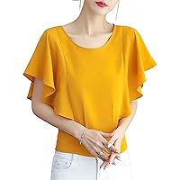 Back Button Chiffon Tops for Women, Fashion Crewneck Batwing Short Sleeve Ruffle Patchwork Blouses Elegant Work Shirts