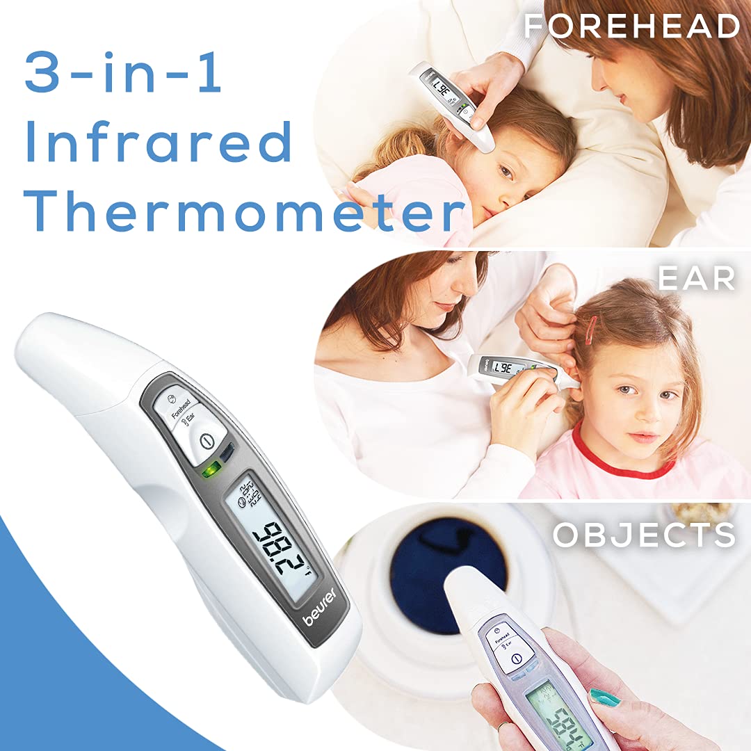 Beurer FT65 Multifunction Infrared Thermometer, 3-in-1 Infrared Thermometer for Adults and Kids, Adult Forehead Mode, Child Forehead Mode, Ear Mode, and Surface Mode, Color Changing Fever Indicator