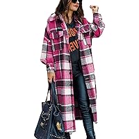 happlan Women's Plaid Shacket Casual Flannel Shirt Jacket Loose Lapel Wool Blend Coat Oversized