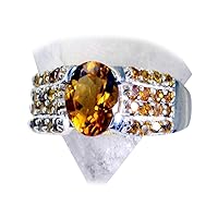 Genuine Golden Citrine Ring Sterling Silver Oval Shape Pave Style Band Size 5,6,7,8,9,10,11,12
