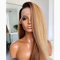 Ombre Blonde Kinky Straight Human hair Wigs Pre Plucked 13X4 HD Transparent Lace Front Wigs Human Hair Yaki Brazilian Remy Hair Glueless Wigs Bleached Knots 150% Density Honey Blonde Wig