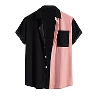 Mens Casual Short Sleeve Shirts Comfy Cotton Tops Summer Fashion Color Matching Pocket Turndown Button Down Shirt