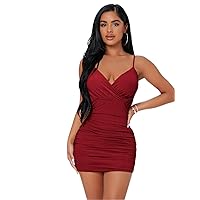 Dresses for Women Surplice Neck Ruched Mesh Bodycon Dress (Color : Burgundy, Size : XX-Small)