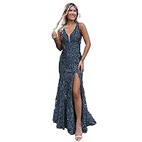 Long Sparkly Mermaid Prom Dresses for Women 2024 Lace Sequin V Neck Formal Evening Party Gowns with Slit