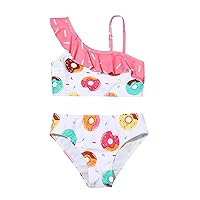 Little Girls Cute Cartoon Pattern Tankini Suit Two Piece Pageant One Shoulder Ruffle Neckline Swim Top with Brief