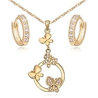 Crystalline Azuria Women 18ct Gold Plated White Zirconia Crystals Butterflies Set Pendant Necklace 17.7 inches Huggies Earrings