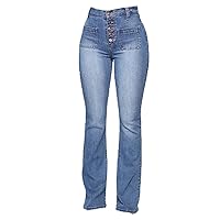 Women's High Rise Button Flare Jeans Classic Vintage Bell Bottom Denim Pants Washed Slim Boot Cut Jean Trousers (Light Blue,Medium)