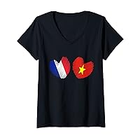 Womens Vietnam France Heart French Flag Vietnamese Flag Love Heart V-Neck T-Shirt