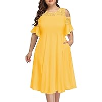 Pinup Fashion Plus Size Cold Shoulder Mesh Neck Wedding Guest Swing Midi Dresses with Pockets