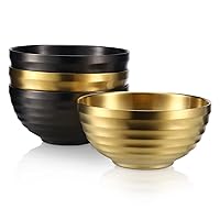 4Pcs 18/8 Stainless Steel Bowls Double Layer Insulated Noodle Soup Bowl Rice Bowl Salad Bowl, Metal Bowls for Fruit Cereal Snack Appetizer,Dishwasher Safe,5.5in (Gold&Black)