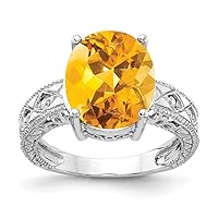 Solid 14k White Gold 12x10mm Oval Citrine Yellow November Gemstone Checker Diamond Engagement Ring (.04 cttw.)