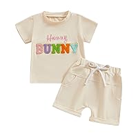 Toddler Baby Boy Easter Outfit Hunny Bunny Embroidery Short Sleeve T-Shirt Solid Color Shorts 2Pcs Summer Clothes Set
