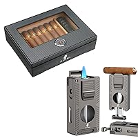 Carbon Fiber Texture Cigar Humidor with Cigar Accessories & XIFEI 5 in 1 Cigar Torch Lighter Double Jet Flame