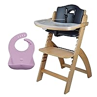 Abiie Beyond Junior Natural Wood/Black Cushion Convertible 3-in-1 Wooden High Chairs for 6 Months to 250 lbs, and Ruby Wrapp Pink Lavender Waterproof Silicone Bibs with Front Pocket - Baby Essentials