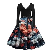 Women's Valentine Dress Casual Fashion V-Neck Long Sleeve Printed Vintage Dresses Day Dress, S-5XL