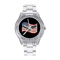 Bald American Eagle and USA Flag Stainless Steel Band Business Watch Dress Wrist Unique Luxury Work Casual Waterproof Watches