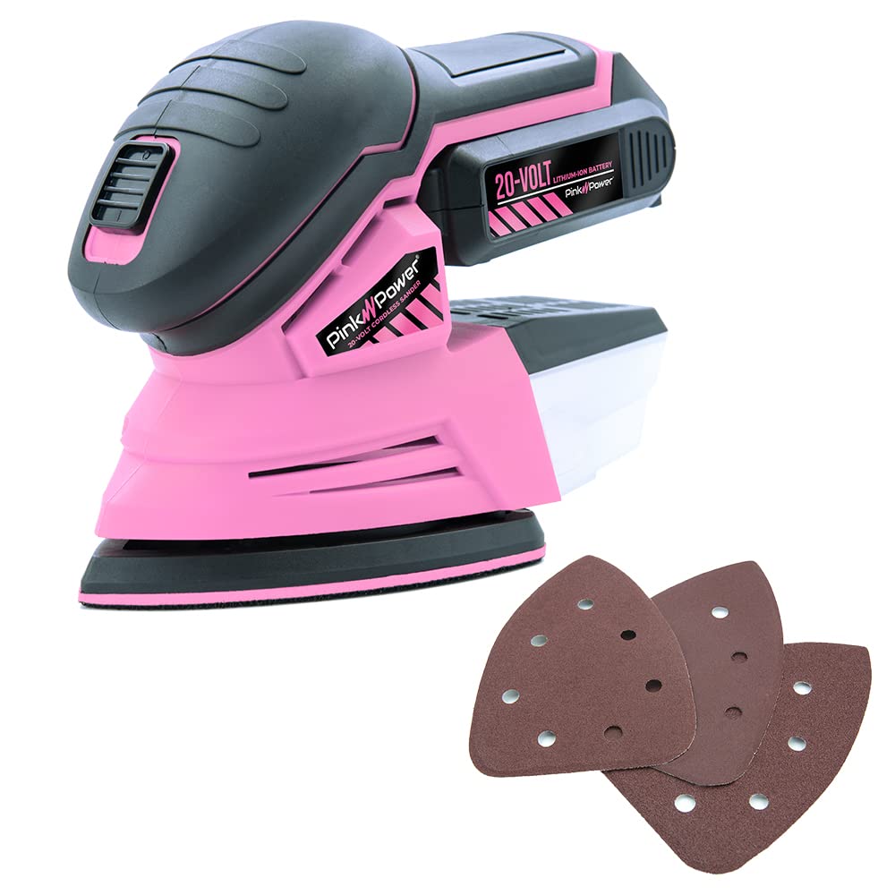 Pink Power Detail Sander for Woodworking 20V Cordless Electric Hand Sander for Wood Furniture - Mini Palm Sander Tool w/Sandpaper, Li-Ion Battery & Charger - Small Handheld Sanding Machine (Renewed)