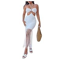 Women's Sleeveless Halter Neck Tie Fringed Hem Bodycon Dress Cut Out Backless Slim Fit Cami Pencil Dresses