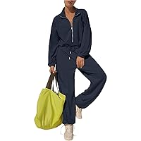 Flygo Women's Jumpsuits Zipper Casual One Piece Outfits Long Sleeve High Waisted Belted Wide Leg Romper with Pockets
