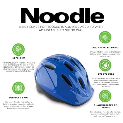 Joovy Noodle Bike Helmet for Toddlers and Kids Aged 1-9 with Adjustable-Fit Sizing Dial, Sun Visor, Pinch Guard on Chin Strap, and 14 Vents to Keep Little Ones Cool (Small, Blueberry)