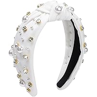 Pearl Knotted Headband, Women Rhinestone Embellished Hairband Elegant Wide Top Knot Bride Headbands Headpieces Party Fashion Elegant Ladies Hair Band Hair Hoop Accessories (White)