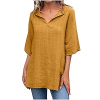 2024 Summer Cotton and Linen Blouses for Women V-Neck Short Sleeve Loose Comfy Shirts Solid Color Plus Size Tops