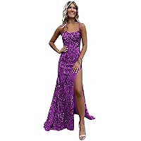 Spaghetti Straps Purple Prom Dresses 2024 Sparkly Mermaid Sequin Evening Gowns for Women with Slit Size 0