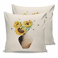 Pack of 2 Decorative Throw Pillow Cover, Rustic Sunflower Pillow Cases Modern Square Pillowcase for Couch Sofa Bedroom Living Room Spring Summer Rural Bee Flower Pottery Jar 18x18 in