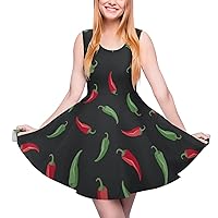 Red and Green Peppers Sleeveless Sundresses for Women Skater Dress U Neck Swing Mini Dresses