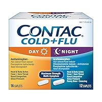 Contac Non-Drowsy Day & Multi-Symptom Night Cold & Flu Medicine, Max Strength Relief for Fever, Sore Throat, Nasal Congestion, Head & Body Aches, Runny Nose, 28 Count, 16 Day, 12 Night Caplets