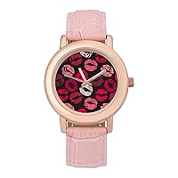 Fashion Lip Traces on Black Womens Watch Round Printed Dial Pink Leather Band Fashion Wrist Watches