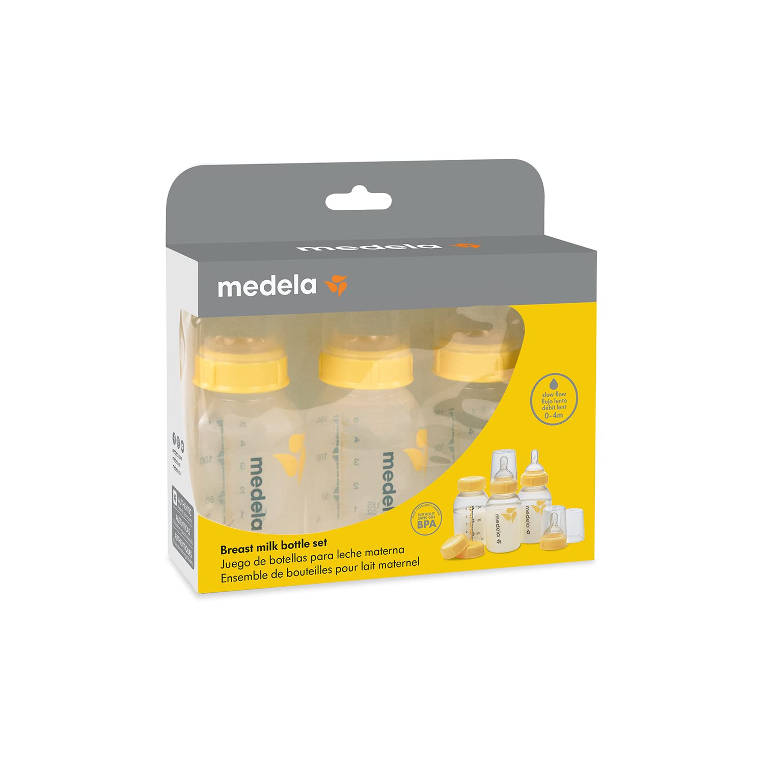 Medela Breast Milk Storage Bottles, 3 Pack of 5 Ounce Breastfeeding Bottles with Slow Flow Nipples, Lids, Wide Base Collars, and Travel Caps, Made Without BPA