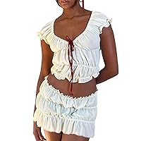Mxiqqpltky 2 Piece Skirt Sets for Women Ruffle Short Sleeve Tie Up Crop Top & Elastic Waist Pleated Mini Skirt Set Y2K Outfit